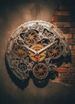 Настенные часы WOODandROOT Automaton Bite 1682 с медными шестерёнками и зеркальным фоном на кирпично-бетонной стене в стиле лофт