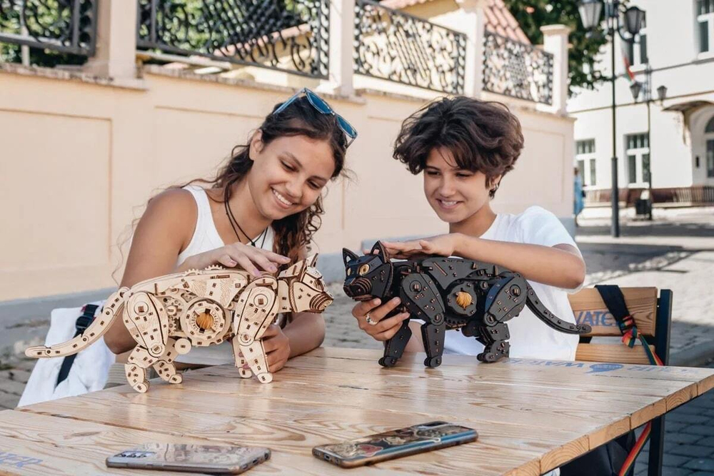 Механический Черный Кот от Eco Wood Art (EWA) - Деревянный конструктор, сборная механическая модель, 3D Пазл