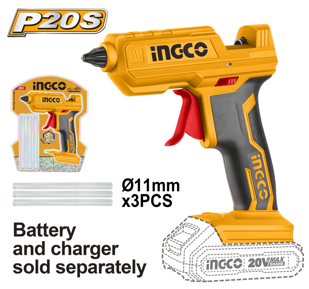 Аккумуляторный клеевой пистолет INGCO 20В Li-Ion CGGLI2001