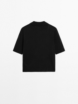 Massimo Dutti Свитер ажурной вязки с воротником поло, черный