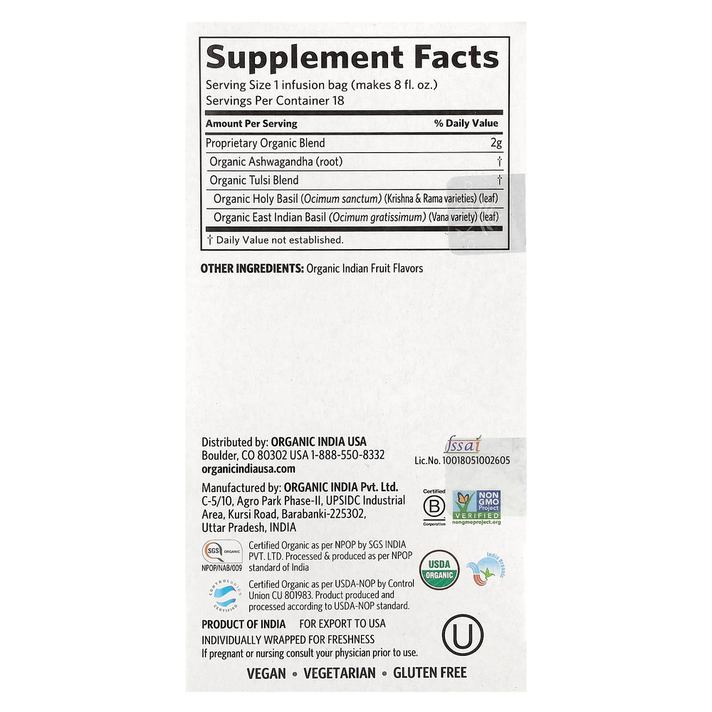 Organic India, чай с тулси и ашвагандой, без кофеина, 18 пакетиков для заваривания, 36 г (1,27 унции)