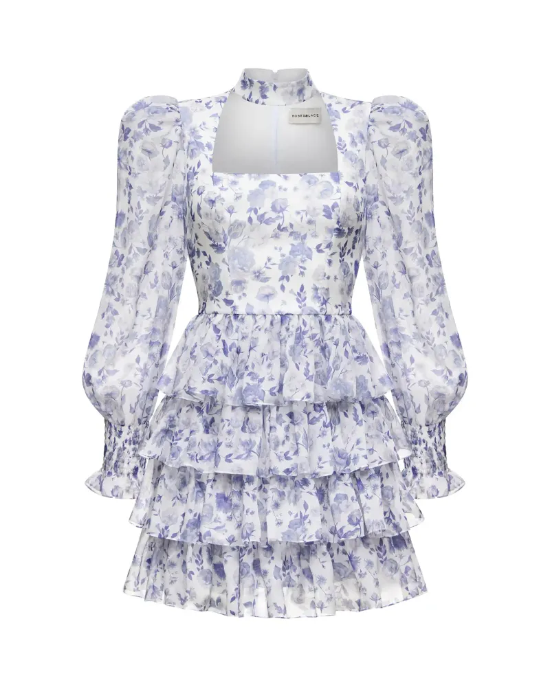 Valerie mini, платье мини из молочного шифона со средними сиреневыми цветами