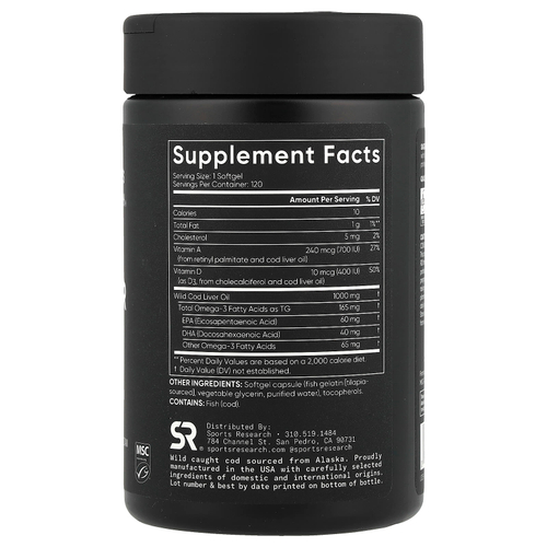 Sports Research, Жир печени аляскинской трески, 120 мягких таблеток