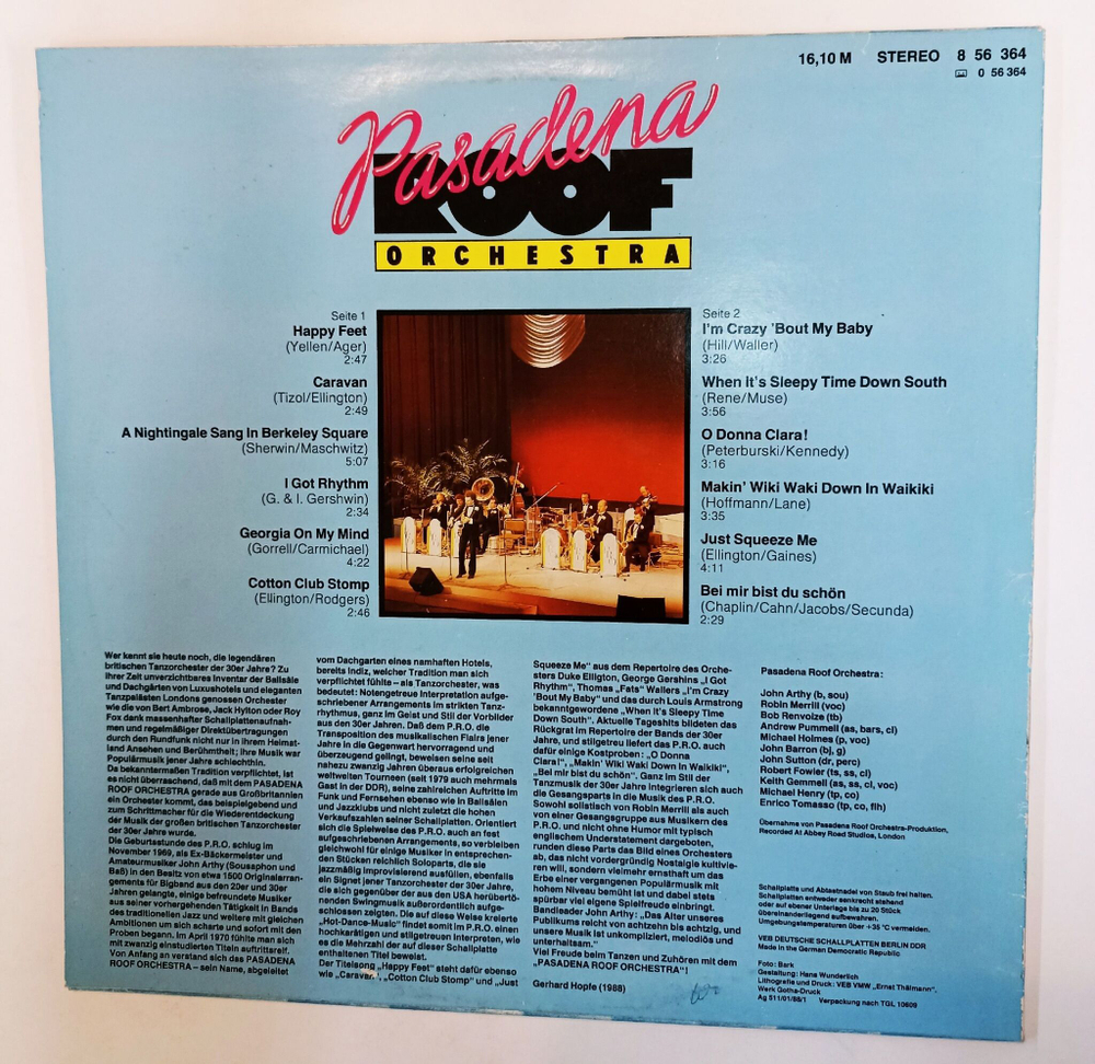 Винтажная виниловая пластинка LP Pasadena Roof Orchestra (ГДР 1988)