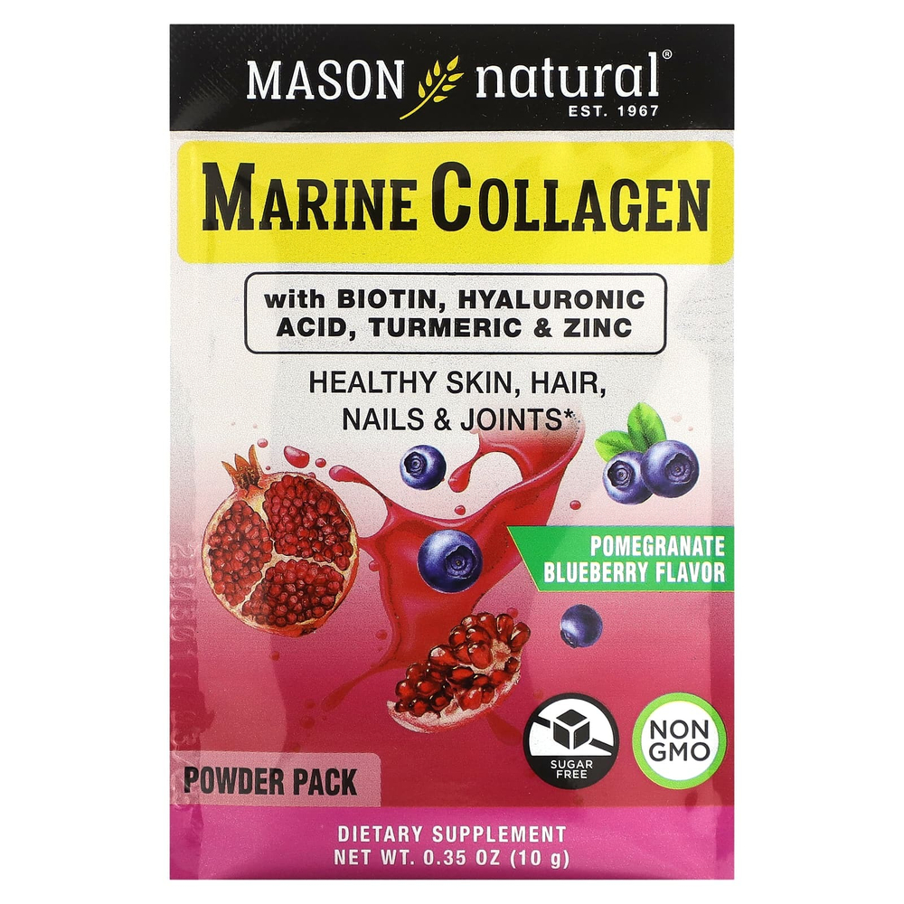 Mason Natural, Морской коллаген с биотином, гиалуроновая кислота, куркума и цинк, гранат и голубика, 14 капсул по 10 г (0,35 унции)