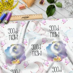 Ткань муслин акварельное ночное небо с ярким месяцем