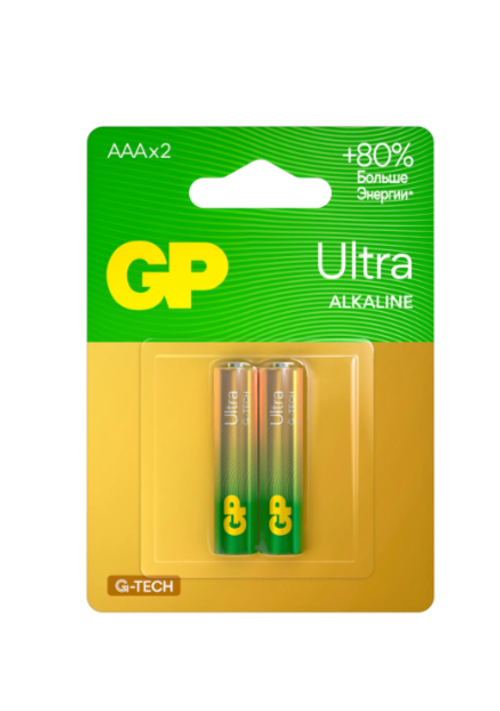 Батарейки КОМПЛЕКТ 2 шт, GP Ultra G-Tech, AAA (LR03, 24А), алкалиновые,мизинчиковые, 24AUA21-2CRSBC2