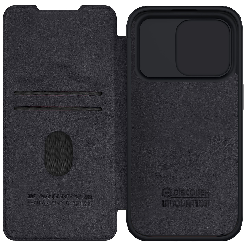 Кожаный чехол книжка черного цвета от Nillkin для iPhone 15 Pro Max, серия Qin Pro Leather с защитной шторкой для камеры