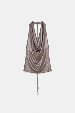 ZARA ТОП С ГОРЛОВИНОЙ ХАЛТЕР И ДРАПИРОВКОЙ, СЕРЕБРИСТЫЙ