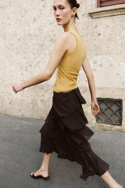 ZARA ЮБКА МИДИ С ВОЛАНАМИ, ТЕМНО-КОРИЧНЕВЫЙ