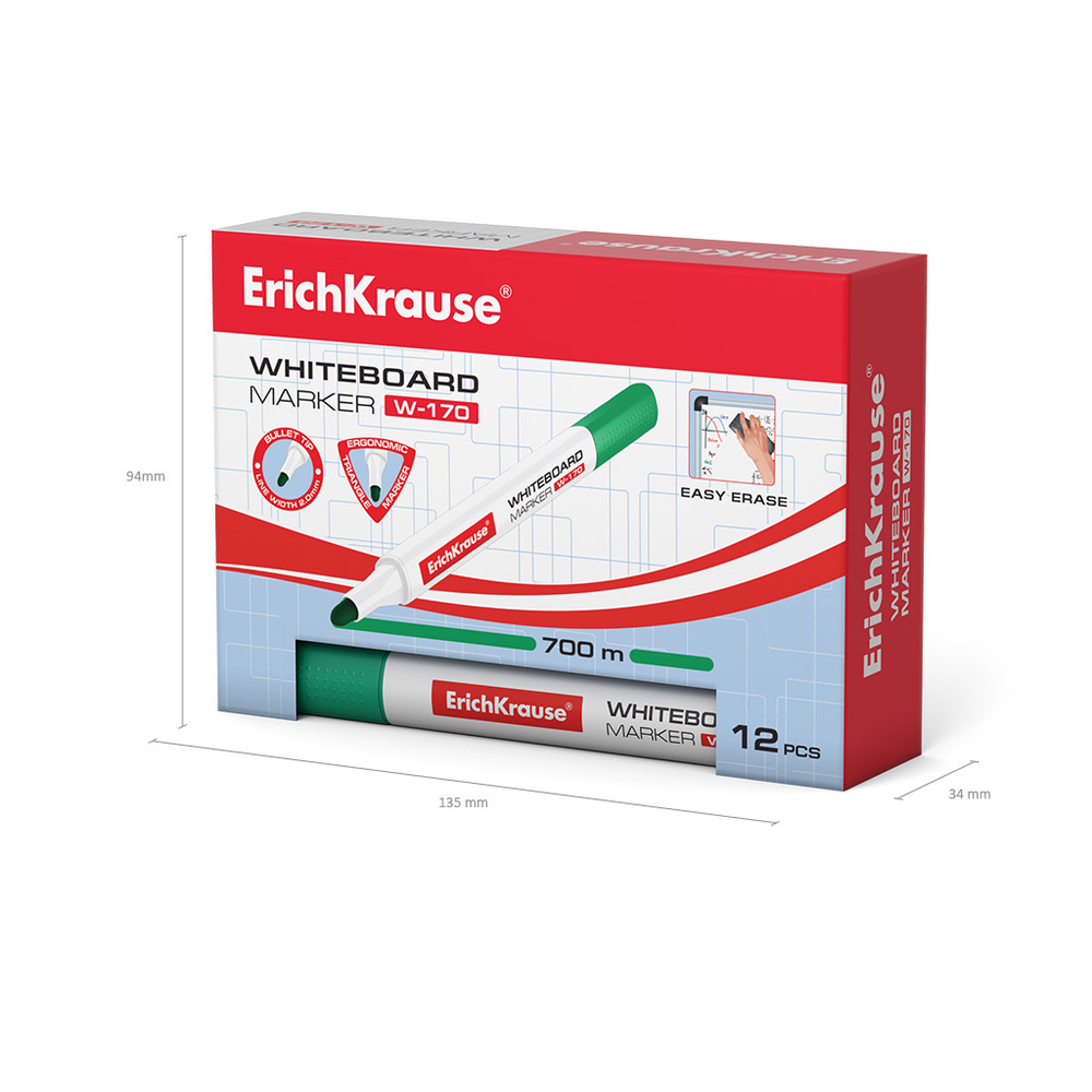 Маркер для досок ErichKrause W-170, цвет чернил зеленый (в коробке по 12 шт.)