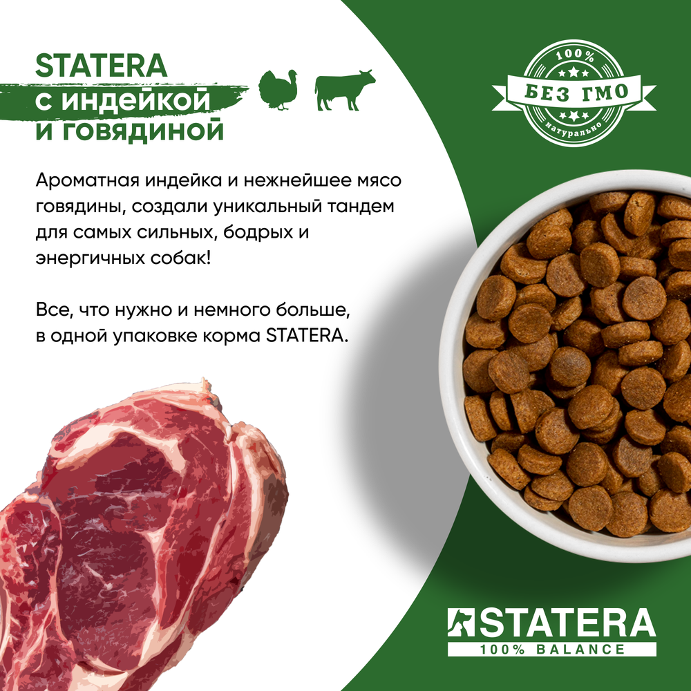 STATERA (Статера) Сухой корм для взрослых собак средних и крупных пород с индейкой, говядиной и гречкой, 18 кг