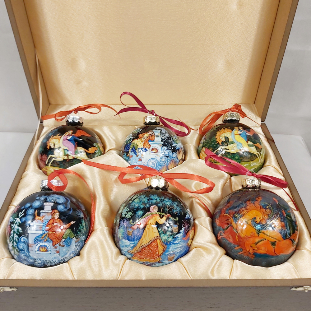 Сувенирный набор из 6-ти новогодних шаров с ручной росписью Палех