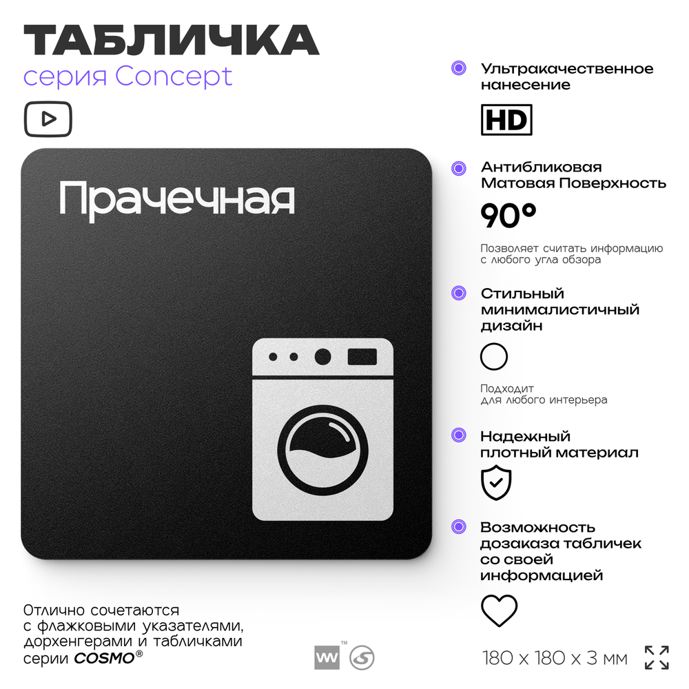 Табличка Прачечная, на дверь и стену, информационная и навигационная, серия CONCEPT, 18х18 см, пластиковая, Айдентика Технолоджи