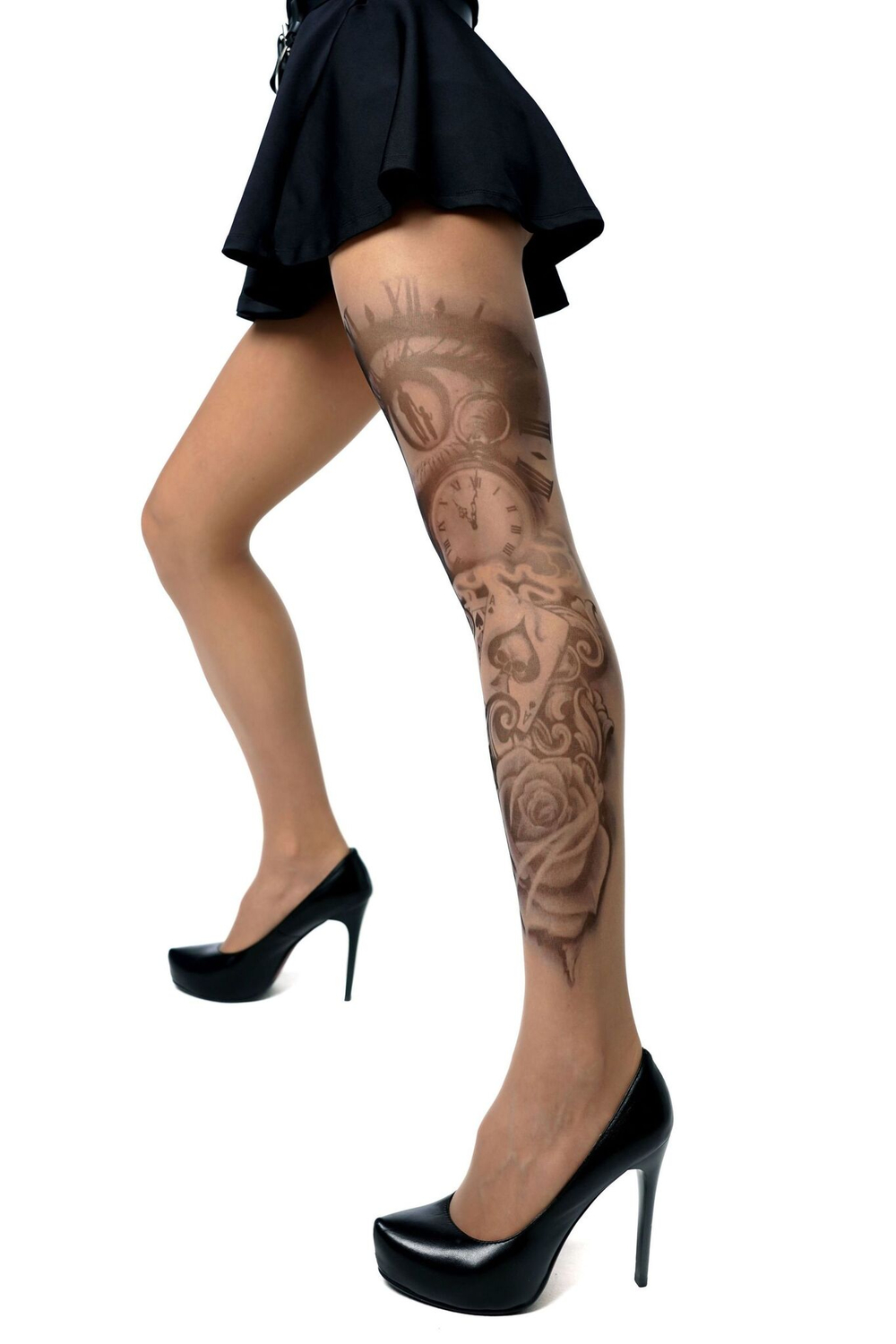 Колготки +size с имитацией татуировки на всю левую ножку (Размер: XL-XXL) (Цвет: бежевый)