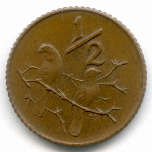 1/2 цента 1970 год. Южная Африка (ЮАР). Бронза, диаметр 16.3 мм XF-AU
