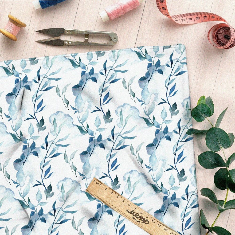 Ткань ниагара синевато-голубые листья