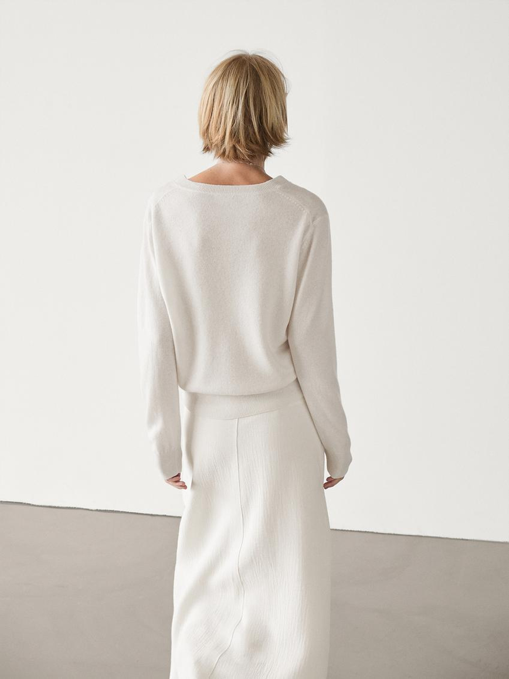 Massimo Dutti Свитер из шерсти и кашемира с V-образным вырезом, натуральный, кремовый