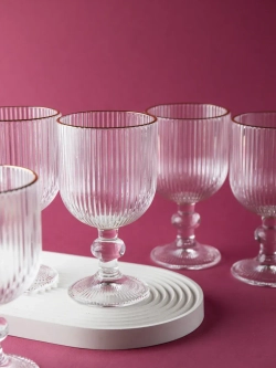 Набор ребристых бокалов вина, 380 мл. 6 шт. с золотой каймой