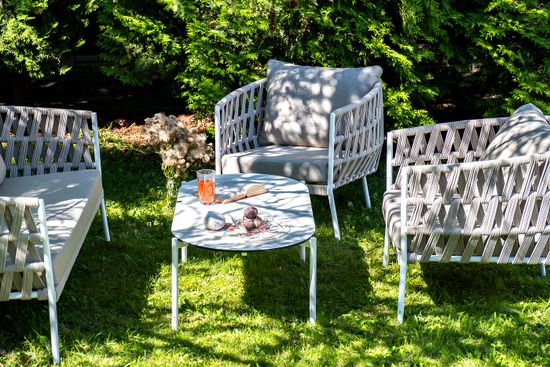 "Диего" лаунж-зона 4-местная плетеная из роупа (веревки), каркас алюминиевый белый, роуп бежевый