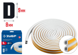 ЗУБР 6 м, D-профиль, размер 9 х 8 мм, белый, самоклеящийся резиновый уплотнитель, Профессионал (40920-006)