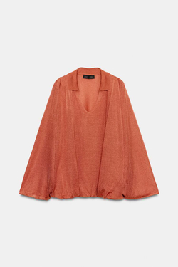 ZARA ТРИКОТАЖНЫЙ ТОП С ВОРОТНИКОМ ПОЛО, ОРАНЖЕВЫЙ