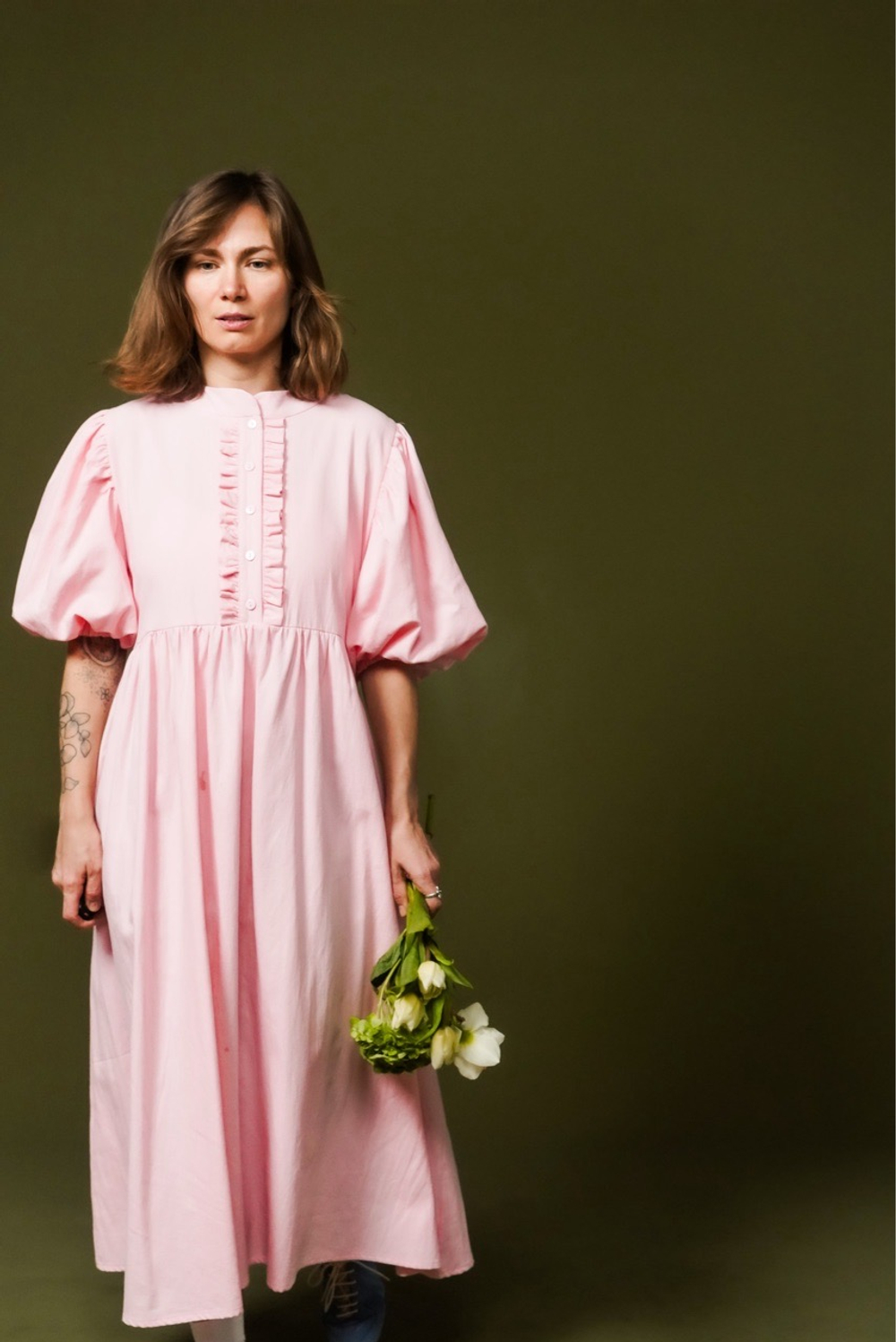 Платье с жабо и рукавами-фонариками, розовый хлопок