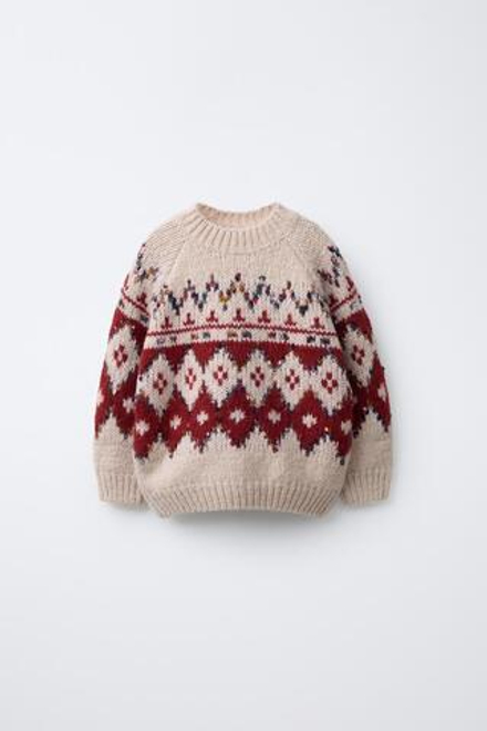 ZARA ЖАККАРДОВЫЙ СВИТЕР, ЭКРЮ/КРАСНЫЙ