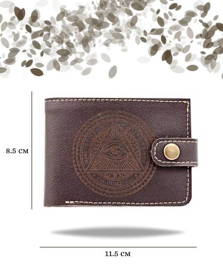 Фото функционального портмоне Всевидящее Око из темно-коричневой кожи коала Инфографика Размеры