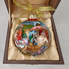 Коллекционный елочный шар с круговой росписью "Золотой петушок" в футляре