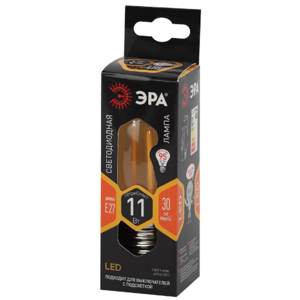 Лампочка светодиодная ЭРА F-LED B35-11W-827-E27 Е27 / Е27 11Вт филамент свеча теплый белый свет