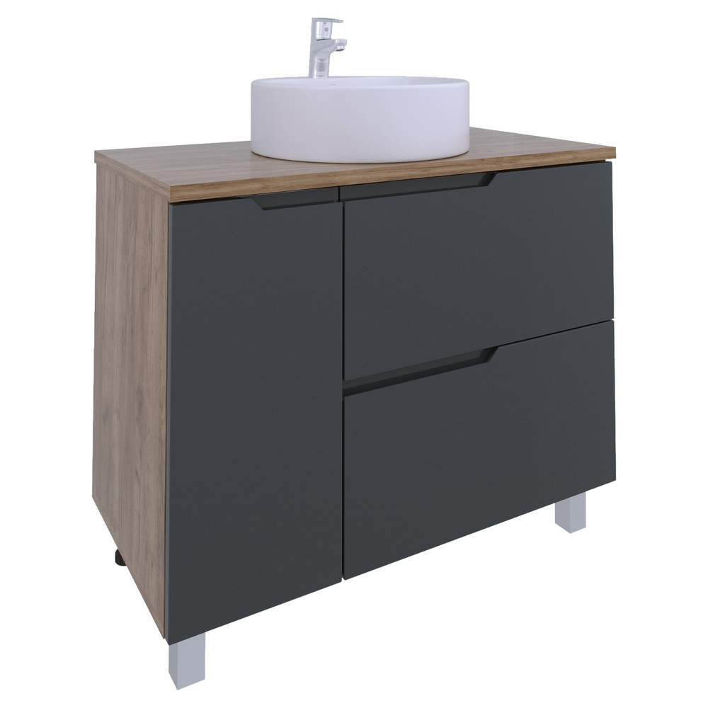 AVK4. Тумба напольная, 2 Ящика + 1 Дверь, 900, коллекция (Ингрид, опора Пластиковая, Раковина накладная, Дуб Крафт Золотой, Эмаль Графит матовая)