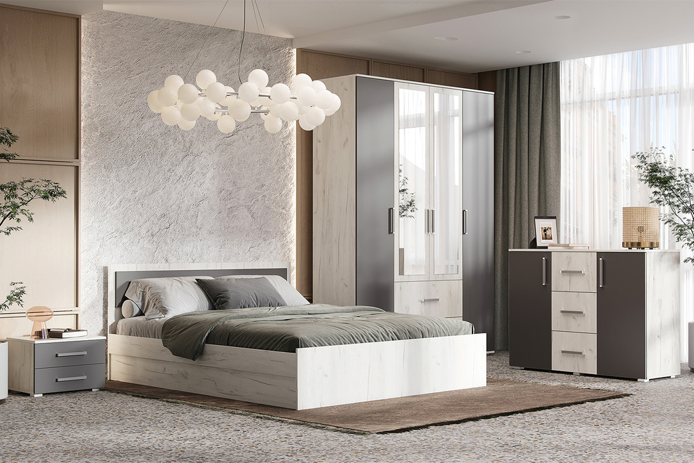 Шкаф четырехстворчатый Фиеста (1600), Графит, Дуб Крафт белый