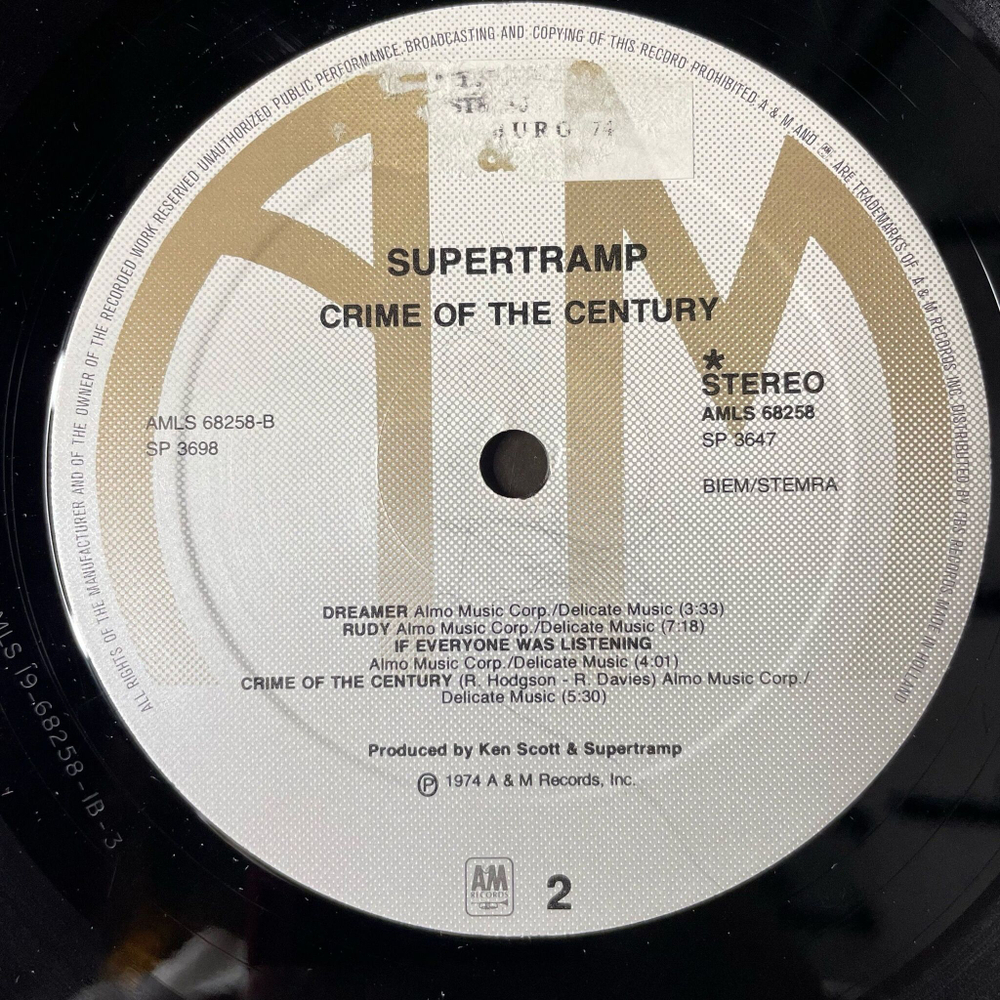 Винтажная виниловая пластинка LP Supertramp Crime Of The Century (Holland 1974) Dreamer