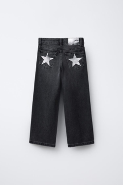 ZARA ДЖИНСЫ WIDE LEG СО ЗВЕЗДАМИ, ЧЕРНЫЙ
