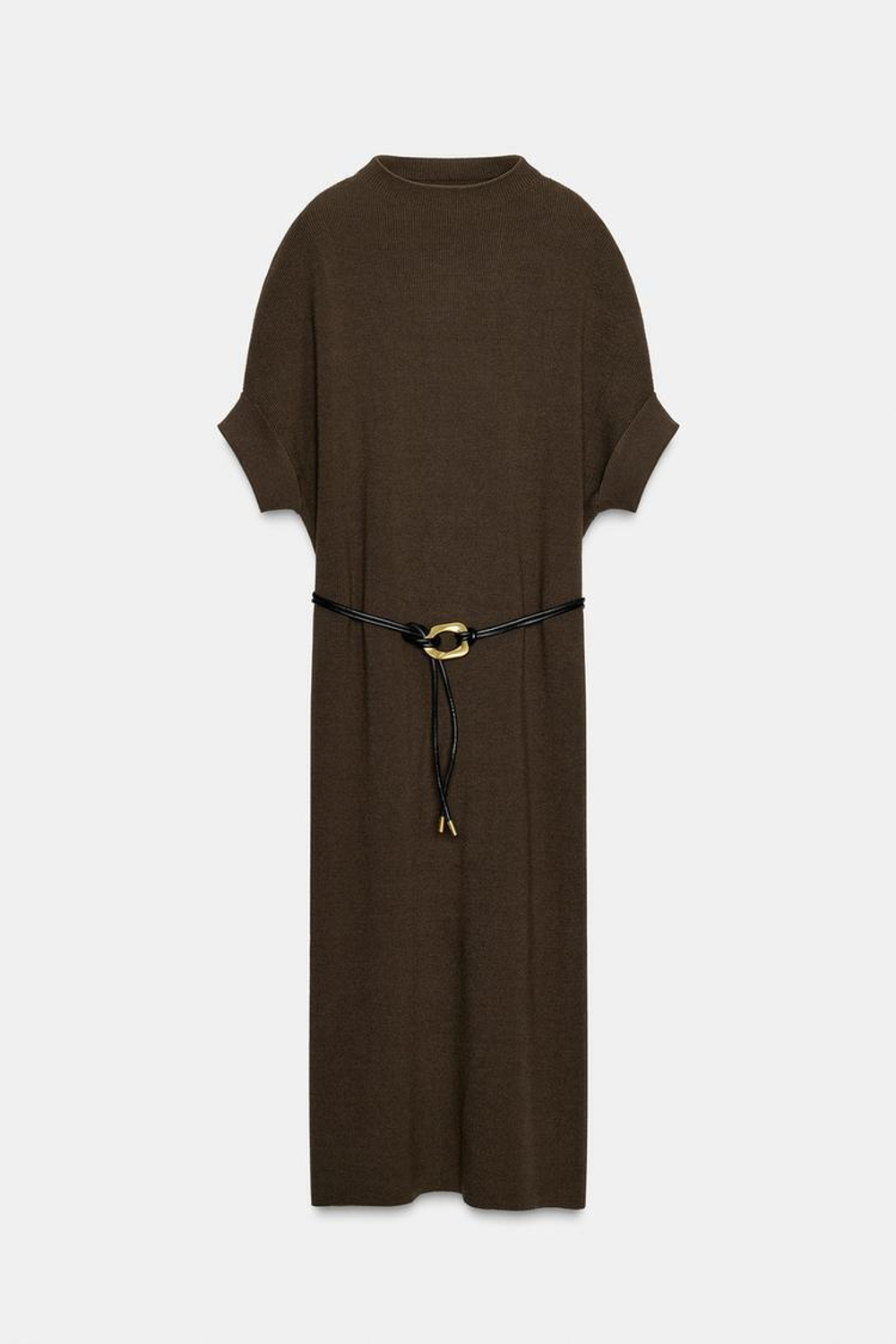 ZARA ТРИКОТАЖНОЕ ПЛАТЬЕ С РЕМНЕМ, СЕРО-КОРИЧНЕВЫЙ