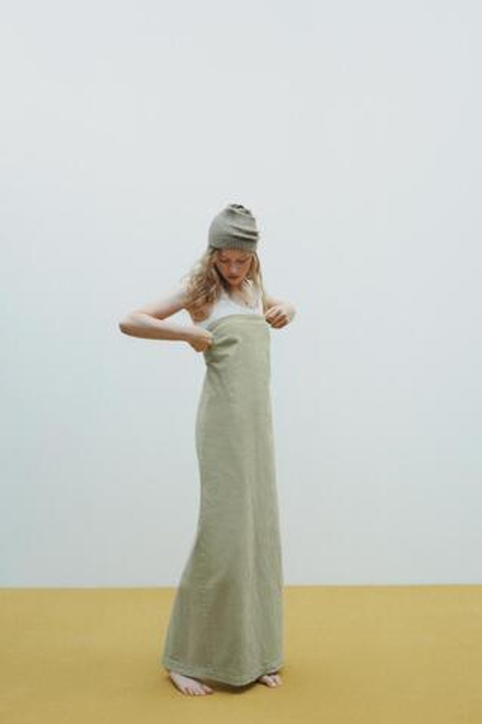 ZARA ПЛАТЬЕ БЕЗ БРЕТЕЛЕЙ, ЦВЕТ ОЛИВКОВОГО МАСЛА