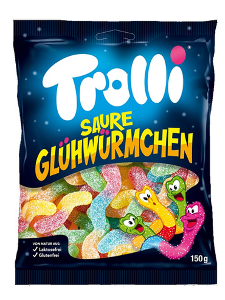 Немецкий мармелад Trolli Saure Gluhwurmchen "Кислые светлячки" 150 г., вкусы вишни/лимона, лайма/апельсина и клубники/винограда