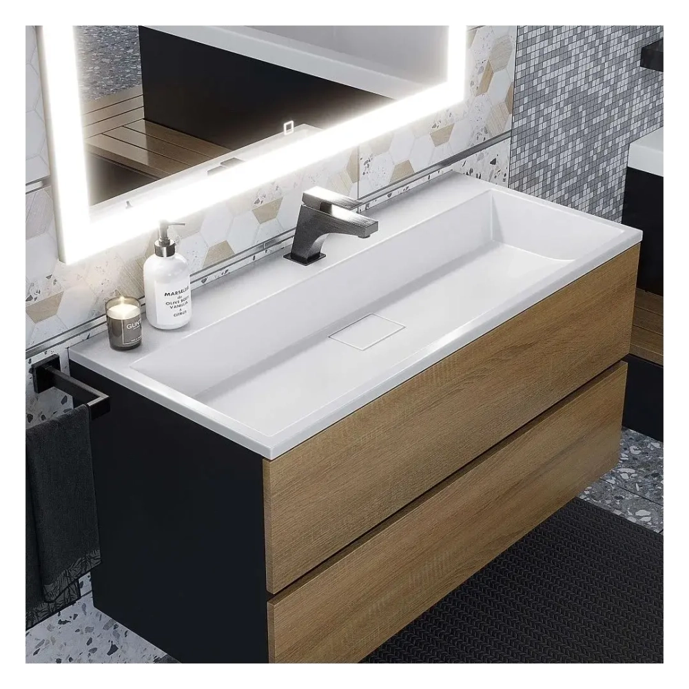 Тумба с раковиной Uperwood Barsa 100 см, раковина белая, подвесная тумба черная/дуб сонома