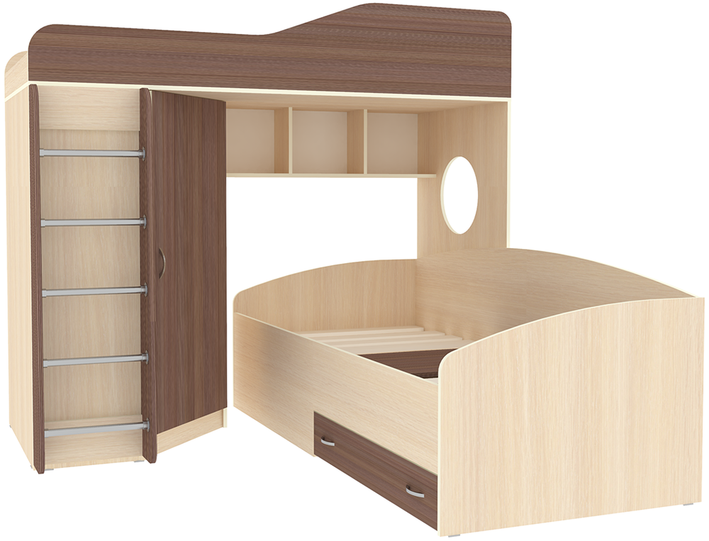 Кровать-чердак КарИВи Кадет 2 с металлической лестницей  Дуб Молочный Бодего Темный
