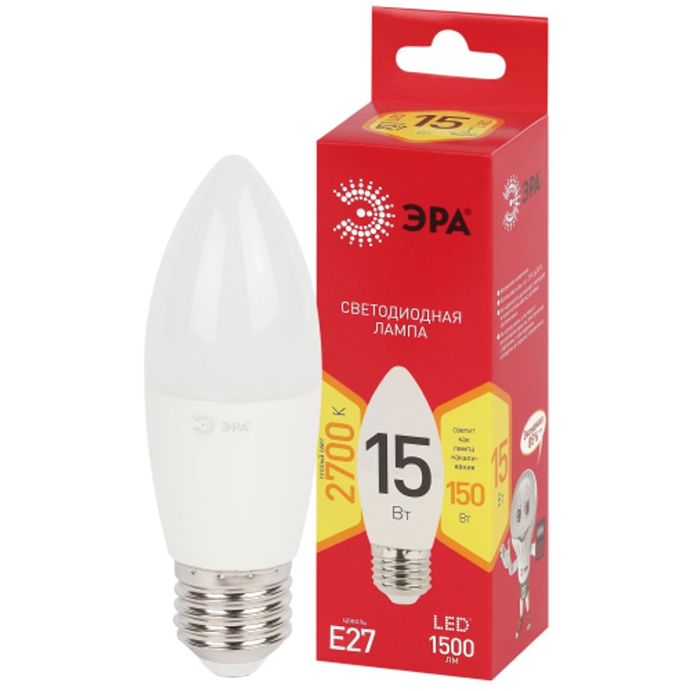 Лампа светодиодная ЭРА RED LINE LED B35-15W-827-E27 R 15Вт свеча теплый белый свет Е27