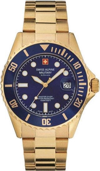 С браслетом Мужские наручные часы с золотым браслетом Swiss Apline Military 7053.1115 diver 42mm 10ATM