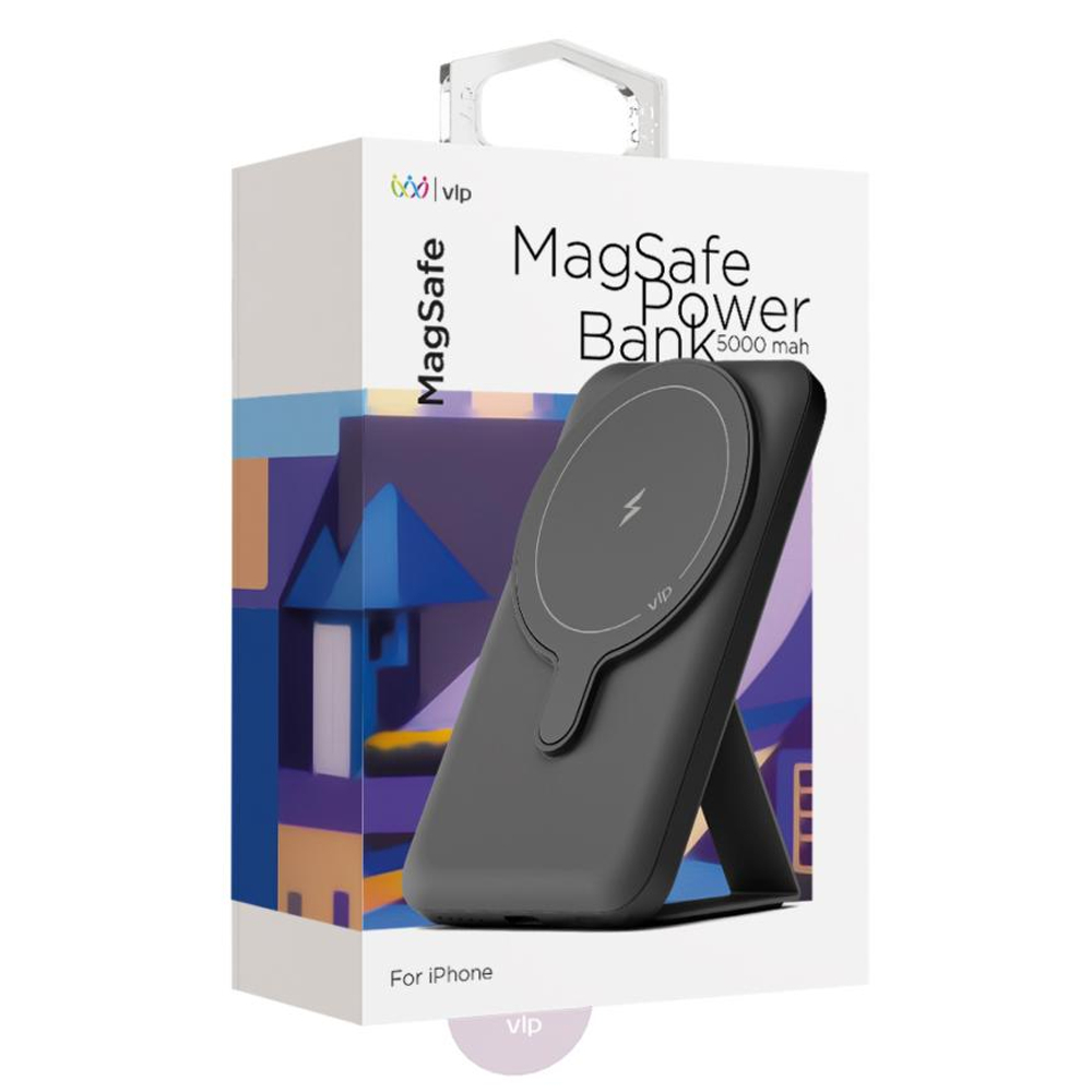 Внешний аккумулятор MagSafe с подставкой VLP Power Bank (5000 мА·ч) Беспроводная зарядка: Qi 15 Вт. Проводная зарядка: USB-C. Есть LED-индикация и поддержка PD. Энергоёмкость — 19,25 Вт·ч. Максимальная выходная мощность — 20 Вт