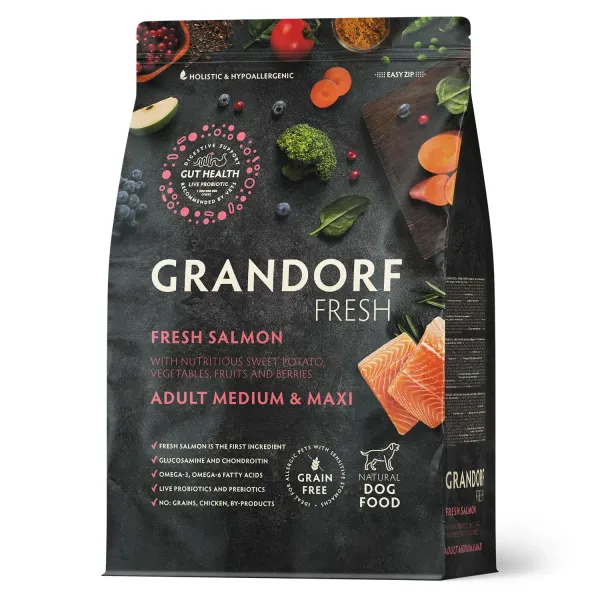 Уценка! Срок 27.07.26/ Сухой корм GRANDORF Fresh Dog Adult MED&MAXI Salmon&Sweet Potato для собак средних и крупных пород из свежего филе лосося с бататом