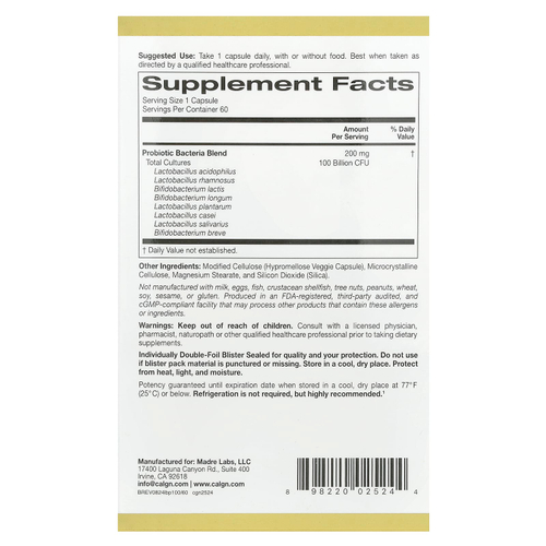 California Gold Nutrition, LactoBif® 100, пробиотики, 100 млрд КОЕ, 60 растительных капсул