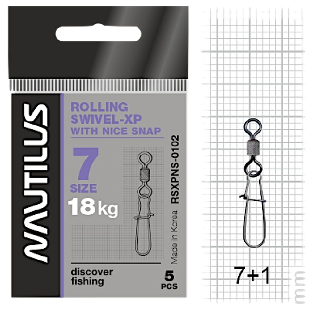 Вертлюг с застёжкой Nautilus RSXPNS-0102 08# 12кг 5шт Rolling Swivel RN-0102 with Nice Snap