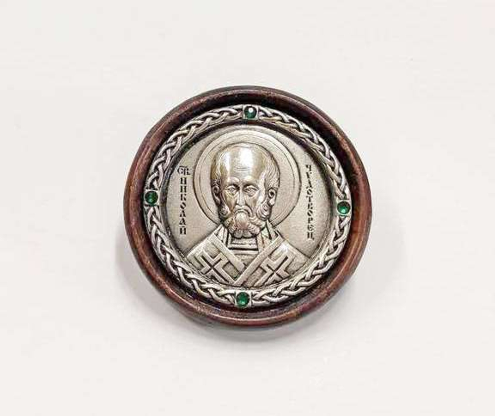 Автоикона круглая свт. Николай Чудотворец  (дерево, медь, стразы)