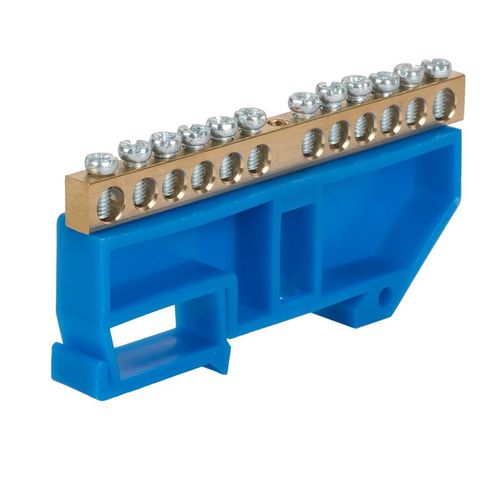 Шина нулевая 12 отверстий, изолятор на DIN-рейку синий, 6х9 мм