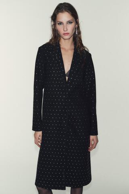 ZARA МЯГКОЕ ПАЛЬТО СО СТРАЗАМИ, ЧЕРНЫЙ