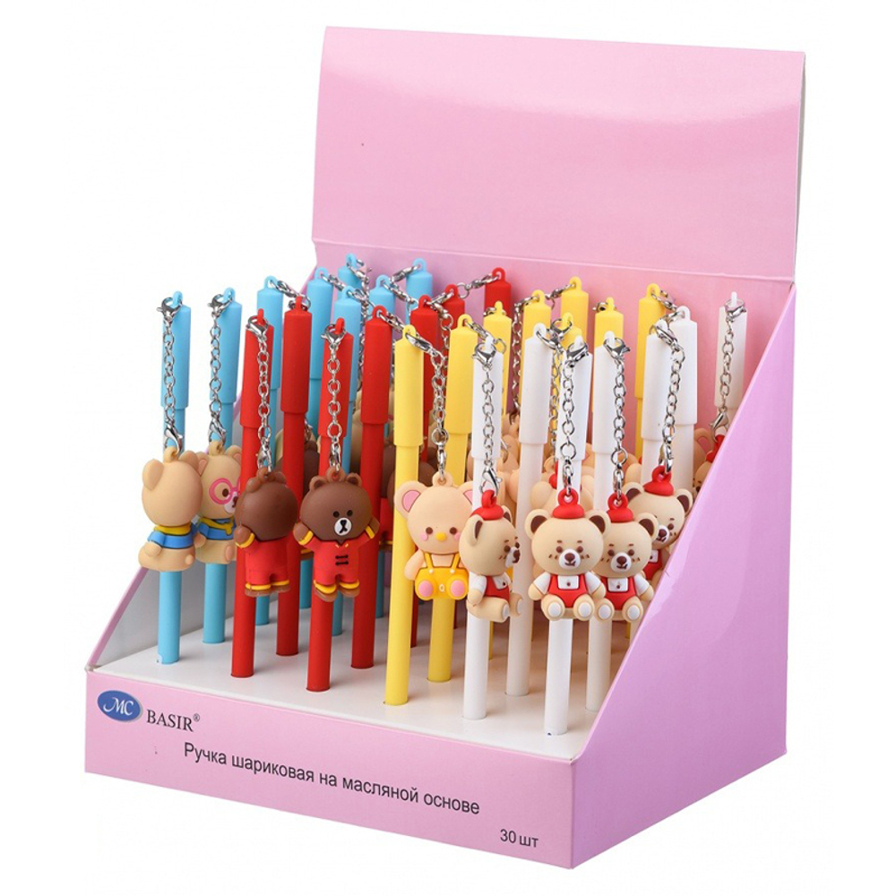 Ручка шариковая, масляная, Basir, синие чернила, серия "Медвежата", с брелоком, 30 шт